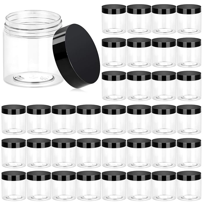 ﻿ ﻿ Eternal Moment 36 Pack 4 OZ Plastic Jars Round Clear Cosmetic Container Jars with Lids, Perfect for Lotion, Cream, Ointments, Makeup, Eye Shadow, Rhinestone, Samples, Pot, Travel Storage
