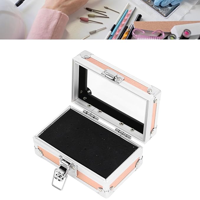 Nail Drill Bit Holder Storage Box, Multi Hole Nail Drill Bits Stand Displayer with Transparent Flip Cover, Nail Bits Organizers Container (Dazzling Gold)