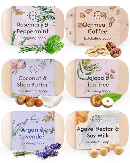 O NATURALS 100% Natural Bar Soap - Assorted 6 PCS Soap Gift Set - Organic Ingredients & Essential Oils - Spa Gifts for Women & Men, Body Wash Soap Bar & Face Soap for Acne - Triple Milled Soap Bars