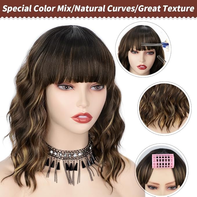 AISI HAIR Synthetic Curly Bob Wig with Bangs Natural Brown with Blonde Highlight Short Wavy Hair for Women Natural Looking Heat Resistant Bob Wigs