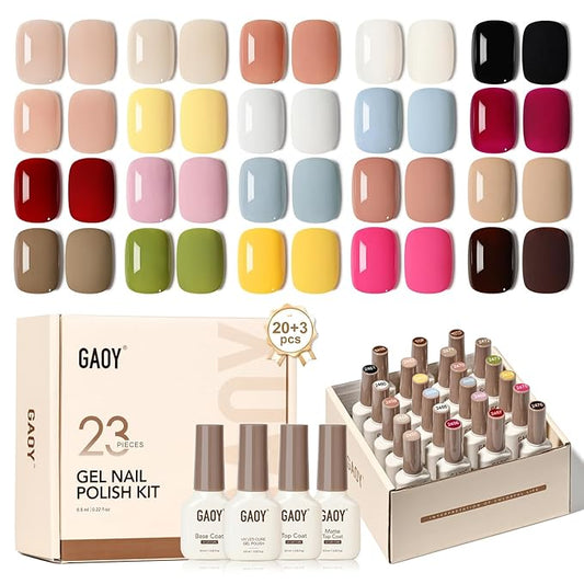 GAOY 23 Pcs Gel Nail Polish Kit, Red Blue Green Jelly Colors All Seasons Set with Glossy & Matte Top Coat and Base Coat for Nail Art Home DIY Gel Kit