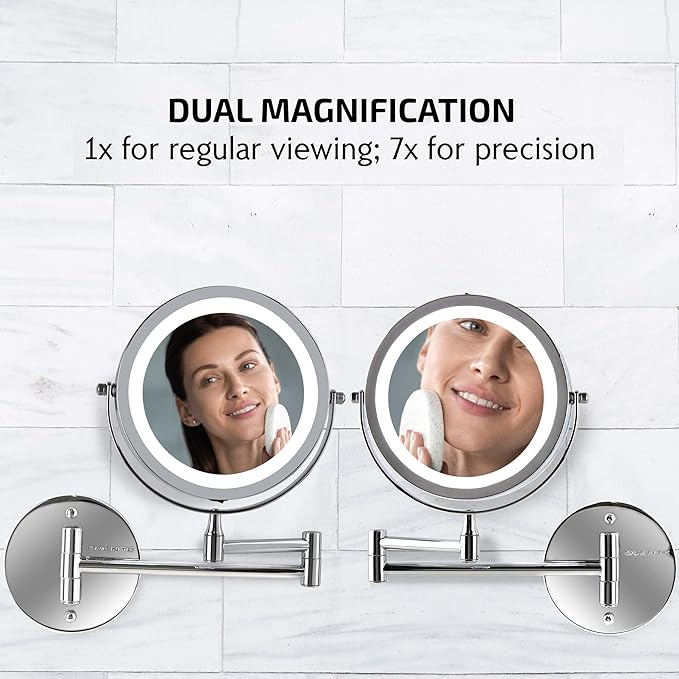 OVENTE 7" Lighted Wall Mount Makeup Mirror with 1X/7X Magnification, Cordless Double Sided Magnifying Round Vanity Mirror, 360° Swivel Design, Extendable and Folding Arm, Nickel Brushed MFW70BR1X7X