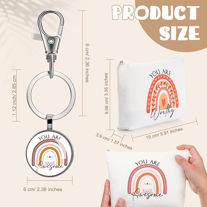 Sieral 40 Pcs Rainbow Cosmetic Bags Rainbow Keychains Set Inspirational Canvas Cosmetic Bags Bulk You are Amazing Makeup Bag Motivational Keychains for Women Teacher Students Coworker Thank You Gift