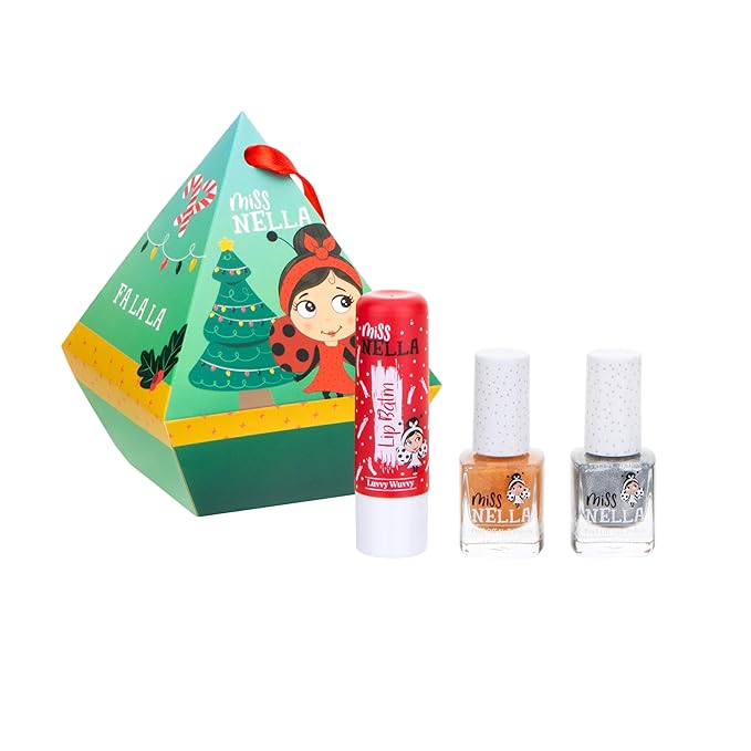 MISS NELLA Festive Dimond- Christmas Bauble Gift Set for Children, Nail Polish and Lip Gloss (2 nail polishes 1 lip balm, 3)