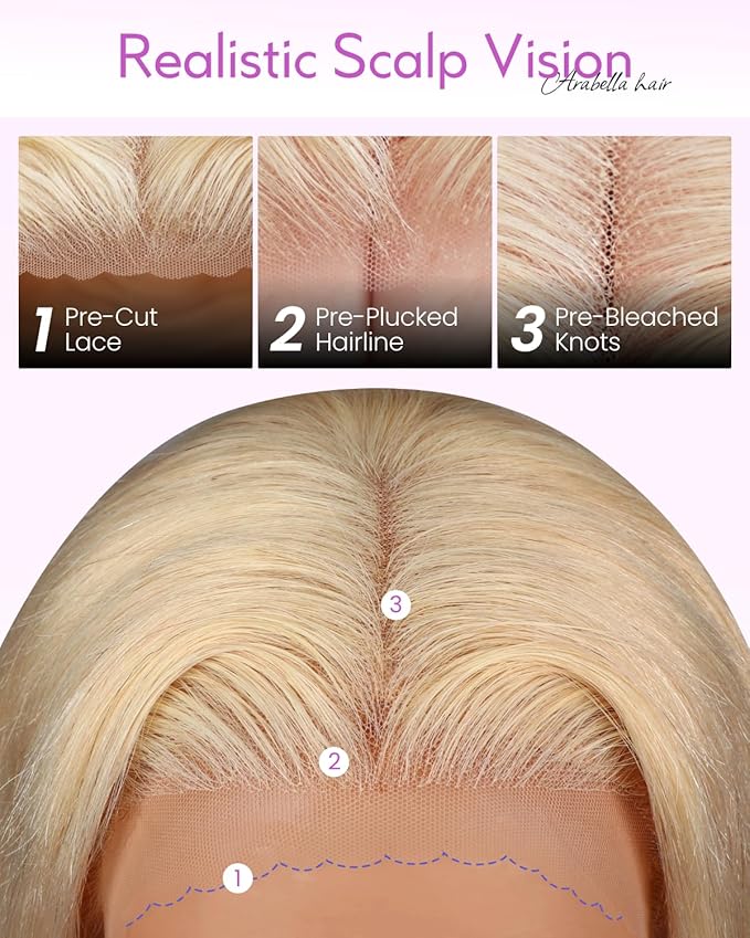 Arabella 613 Lace Front Bob Wig - Human Hair, 13x4, 210% Density, Pre-Plucked with Baby Hair (14 inch, Blonde)