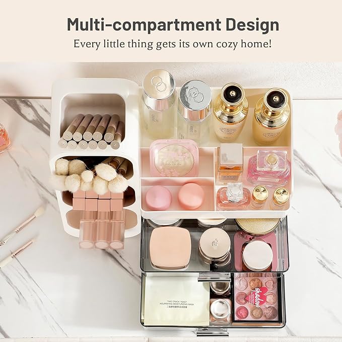 Aveniee Makeup Organizer with Drawers for Vanity, Big Cosmetic Display Case with Makeup Brush Holder, Bathroom Coutertop Organizers and Storage for Skincare Beauty Essentials (White)