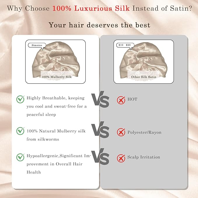 Simnice Mulberry Silk Sleep Bonnet for Women – Hair Care, Soft Natural Silk Hair Bonnet with Elastic Band,Prevents Hair Damage & Frizz ，Beige