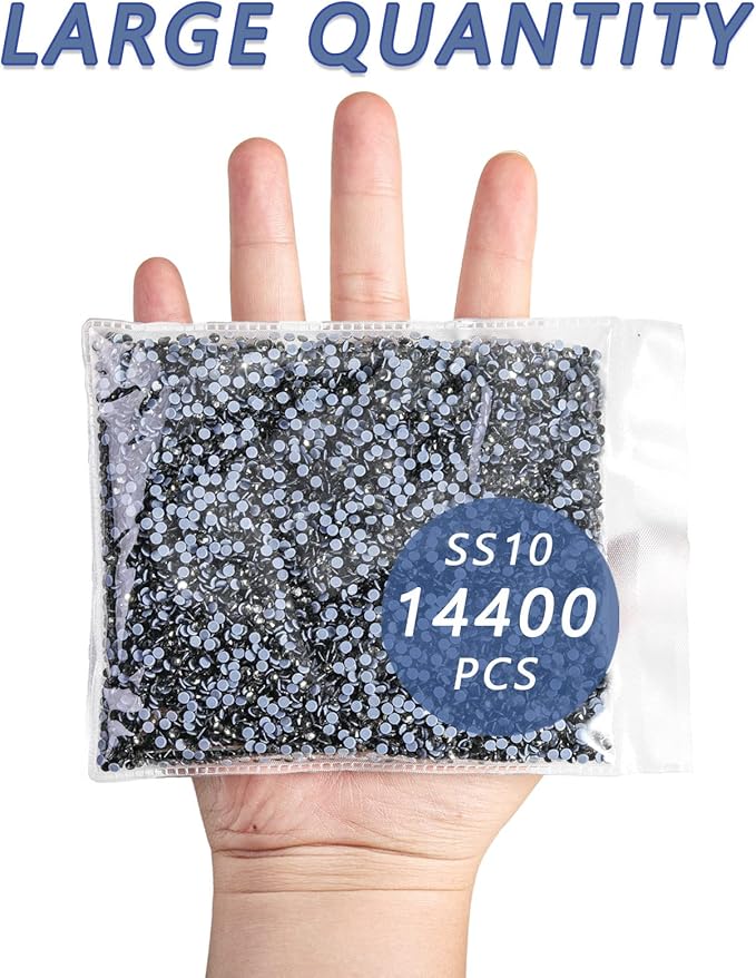 Beadsland Hotfix Rhinestones Bulk, 14400pcs Gray Hot Fix Rhinestones for Crafts Clothes DIY Decoration, Black Diamond, SS10, 2.7-2.9mm