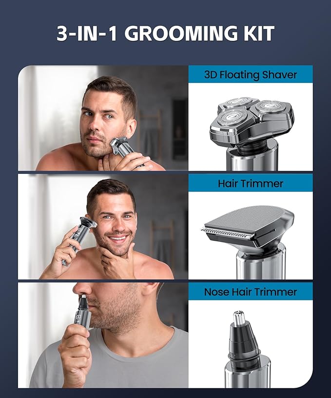 Electric Razor for Men, Rechargeable Wet & Dry Shavers for Men with Nose Hair Trimmer, Fast Charging, IPX8 Waterproof, Blades Spin 12000 Times Per Minute, LED Display, and Travel Lock,Sliver
