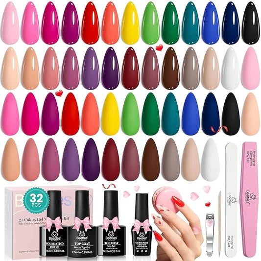 Beetles Gel Nail Polish 25 Colors Gel Polish Set Nude Pink Red Blue Gel Polish Chic Outfits Collection with 3Pcs Base Top Coat Gel Manicure Kit Salon DIY Home Gift for Women