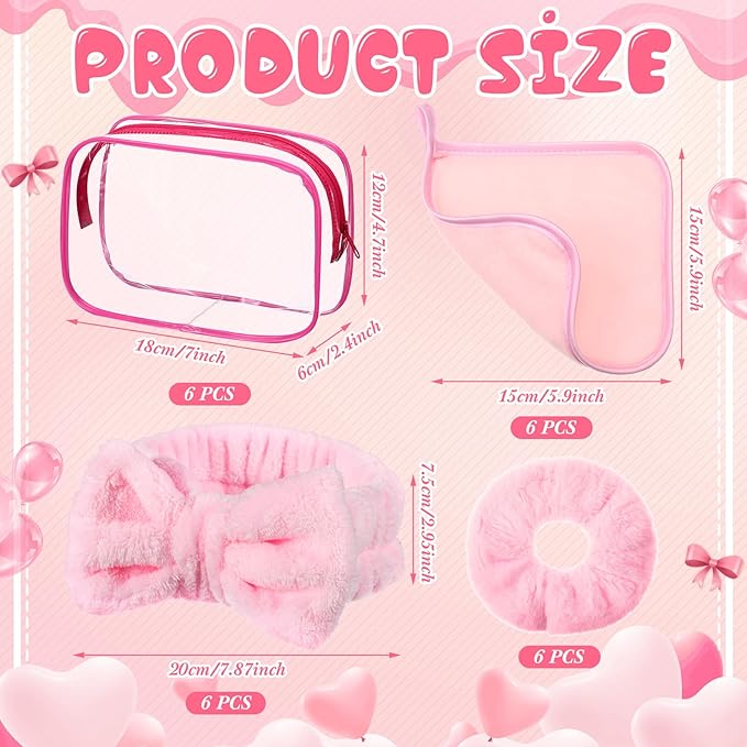 24 Pieces Sleepover Party Supplies Spa Party Favors 6 Spa Headband 6 Velvet Scrunchies 6 Makeup Remover Cloth 6 Clear Cosmetic Bags for Slumber Gift(Pink)