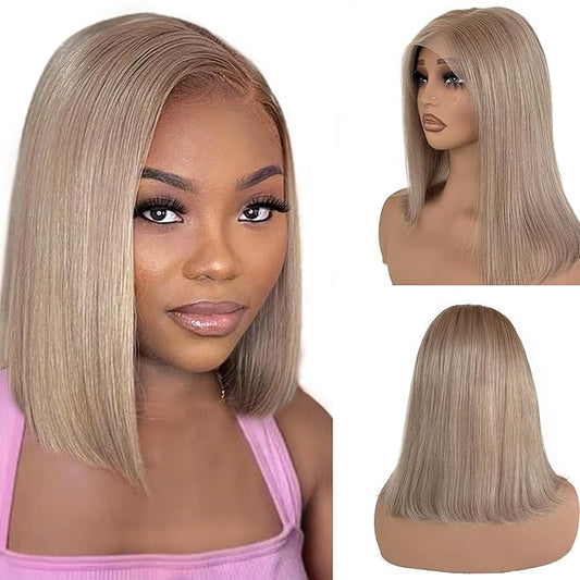 Ash Blonde Bob Human Hair Lace Front Wig Pre Plucked 13x6 Wear and Go HD Transparent Short Straight Blunt Cut Bob Ash Blonde Lace Front Wigs for Black Women 180% Density 10 Inch with Thick Ends