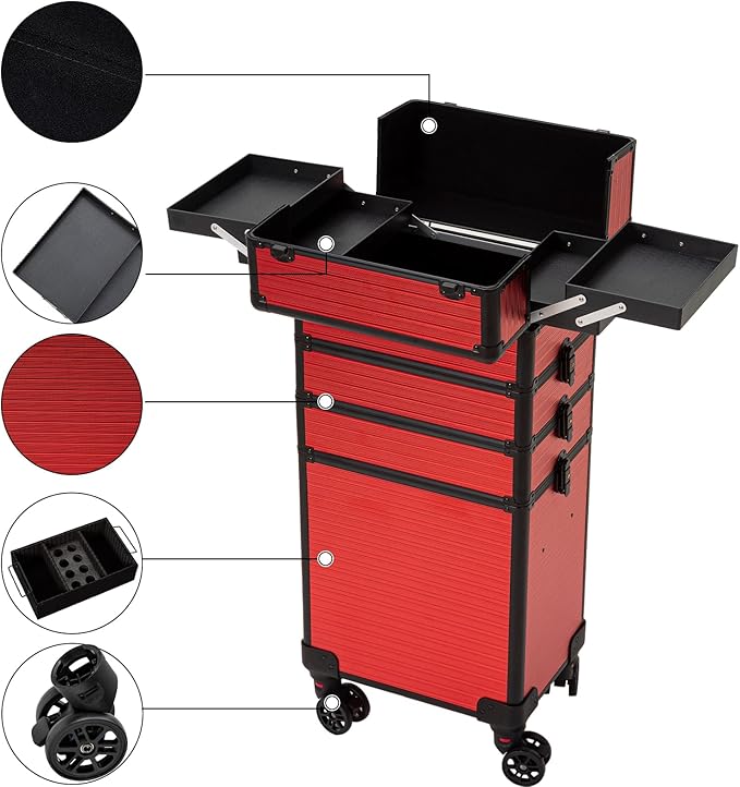 4 in 1 Portable Traveling Aluminum Professional Makeup Trolley Cart with Multiple-Sized Compartments and Wheels (Black with red)