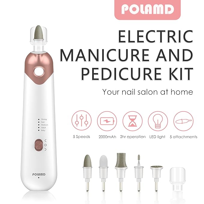 Professional Manicure Pedicure Kit, Electric Nail File Set, Cordless Electric Nail Drill Machine, 5 Speeds Hand Foot Care Tool for Nail Grind Trim Polish(White)