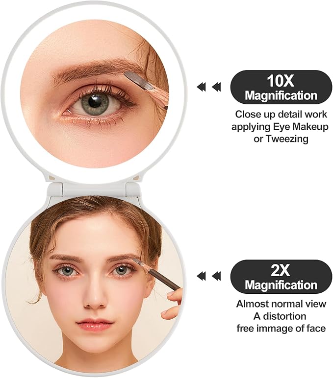 Shell Compact Mirror with Light, 2X / 10x Magnifying Travel Mirror with Light, Small Pocket Mirror, 2-Sided, Folding, Handheld, Dimmable Led Mirror, Unique Gift, White