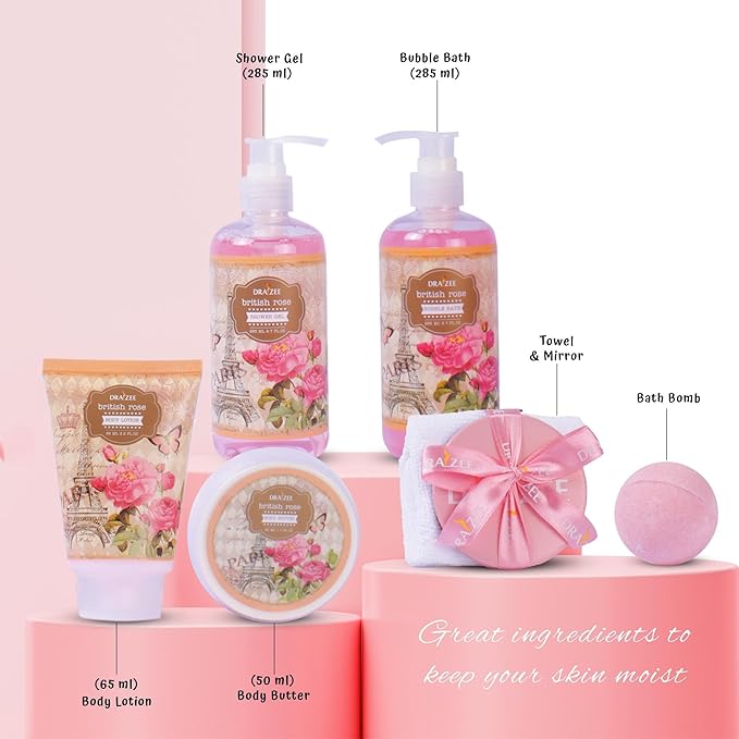 Draizee Mothers Day Gifts for Mom - Spa Gift Baskets for Women -8 Pcs Luxury British Rose Scented Heel Shoe Design Bath and Body Spa Set - Self Care Package for Women, Presents for Mom, Body Care Set