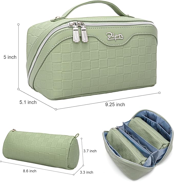 BOYATU Travel Makeup Bag Organizer Cosmetic Bag: 3 Pcs Set Make up Bags for Women with Handle - Waterproof Vegan Leather Toiletry Bags with Comparments (Green)