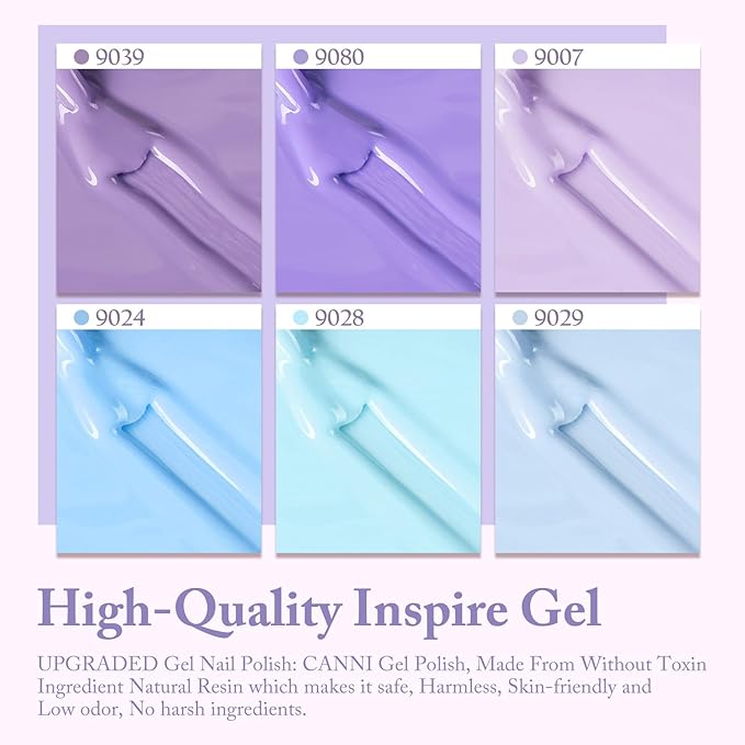 CANNI Purple Gel Nail Polish Set, 6 Colors 9ML - Light Purple, Baby Blue, Summer Lavender, Ice Blue - UV LED Kit DIY Nail Art Manicure Home Salon