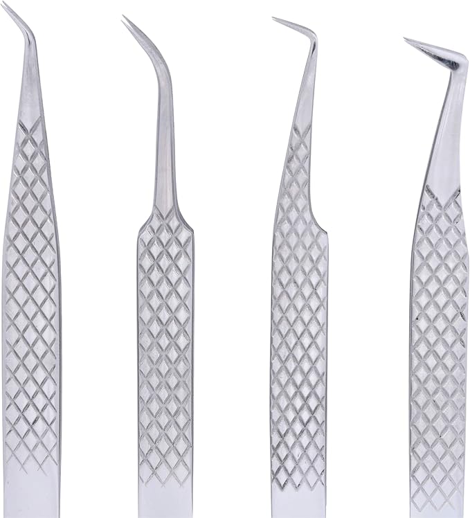 M LASH Tweezers for Eyelash Extensions (Set of 4) - Professional Lash Extension Tweezers - Fiber Tip, Japanese Steel, Diamond Grip (Silver)