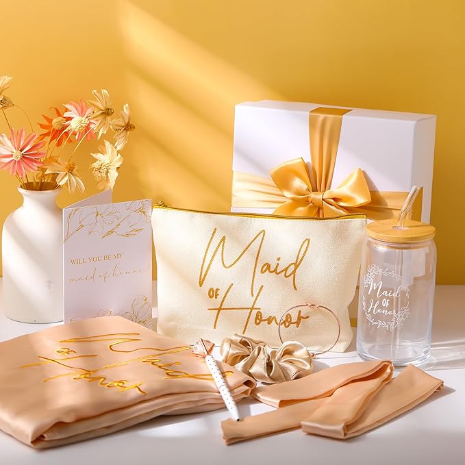 Irenare 8 Pcs Proposal Gifts Set Robes Makeup Bag Cup Cards Hair Tie Bracelet Diamond Pen Bridesmaid Gift Box(Champagne,Maid of Honor)