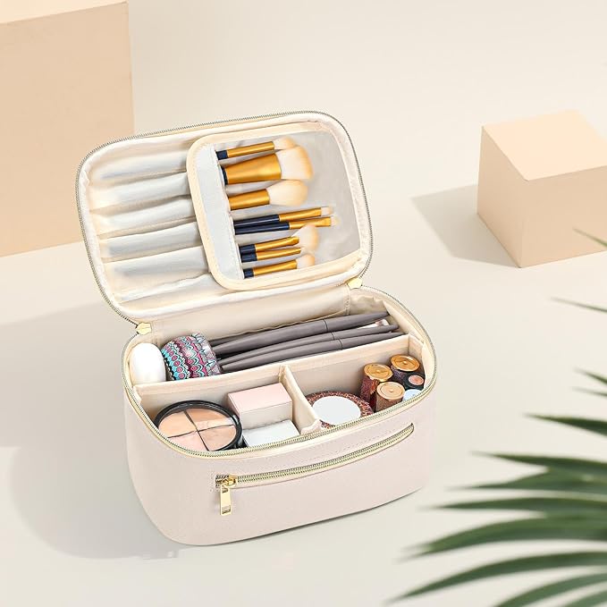 Travel Makeup Bag Organizer, Large Capacity Cosmetic Pouch for Women, Waterproof Make Up Bag with Divider, Clamshell Makeup Case Make Up Bag with Handle and Metal Zipper, Travel Essentials White