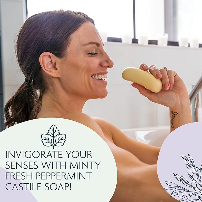 Body Wash Castile Soap Bar for Sensitive Skin – Long Lasting Natural Bar Soap for Men and Women with Olive Oil and Cocoa Butter - Vegan Peppermint by Carolina Castile, 5 oz Each