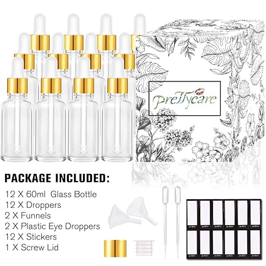 PrettyCare Eye Dropper Bottle 2 oz (12 Pack Clear Glass Bottles 60ml with Golden Caps, 24 Labels, Funnel & Measured Pipettes) Empty Tincture Bottles for Essential Oils