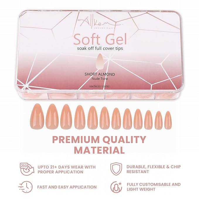 Allkem Soft Gel Nail Tips - Medium Short Almond Nail Extensions Kit - 12 Sizes Short Full Cover Nails - Neutrals - Bold (504 Pieces)