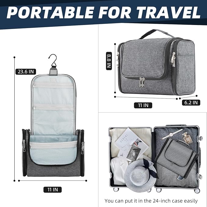 Buruis Large Capacity Toiletry Bag for Women and Men, Hanging Toiletry Organizer Cosmetics Makeup Bag, Water-resistant Dopp Kit Shaving Bags for Full Sized Toiletries, Travel Essentials (Oxford Gray)