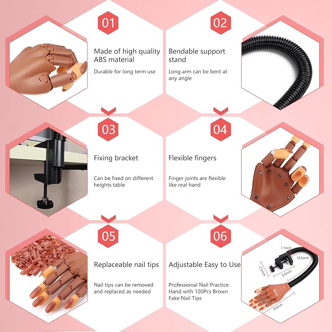 Nail Practice Hand for Acrylic Nail Kit, Fake Nail Mannequin Hand for Nails Practicing, Nail Training Finger with Acrylic Nail Kit Powder Nail Art Tools Professional Nail Starter Set