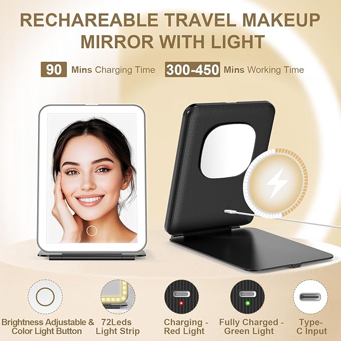 LED Foldable Travel Makeup Mirror - 5x7 inches 3 Colors Light Modes USB Rechargeable Touch Screen, Portable Tabletop Cosmetic Mirror for Travel, Cosmetic, Office (Black)