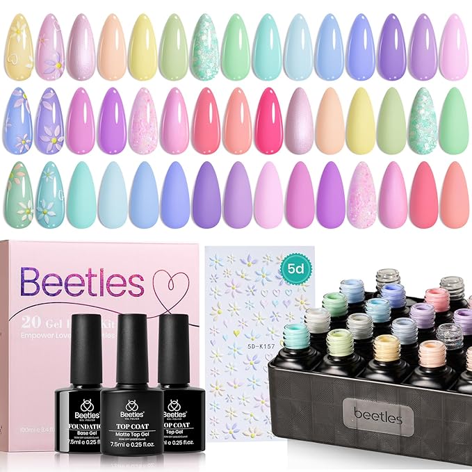 Beetles Pastel Gel Nail Polish Set, 20 Color Macaron Colors Bright Pink Green Spring Nail Polish Kit with Base Gel Glossy & Matte Top Coat Soak off Uv Nail Art Gift for Women