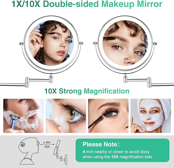 8.5 Inch Rechargeable Wall Mounted Lighted Makeup Mirror, Double-Sided 1X/10X LED Magnifying Vanity Mirror with Lights, 3 Color Lights Touch Screen Dimmable 360°Swivel 18 Inch Extendable - Chrome