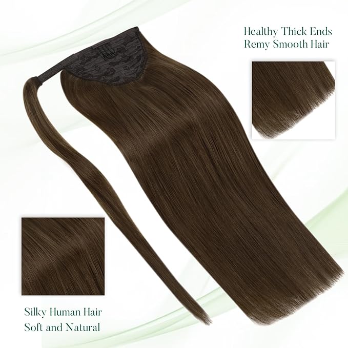 Easyouth Ponytail Extension Brown Human Hair Ponytail Extensions Wrap Around Ponytail Human Hair Pony Tails Hair Extensions Clip in Ponytail Extension Human Hair Milky Brown 16Inch 80g #4