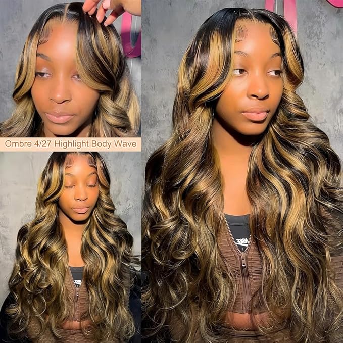 4/27 Highlight Lace Front Wigs Human Hair Ombre Body Wave Human Hair Wigs for Women 13x4 HD Lace Front Wigs Human Hair 180 Density Honey Blonde Wig Human Hair Glueless Wigs Pre Plucked 30 Inch