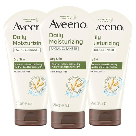 Aveeno Daily Moisturizing Facial Cleanser for Dry Skin, Hydrating Acne Face Wash with Soothing Oat for soft & Supple Skin, Free of Parabens, Sulfates, Fragrance, Dyes & Soaps, 5 fl. oz, 3 Pack