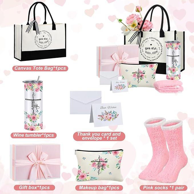 Paterr 7 Pcs Christian Gift for Women Include 20 oz Stainless Steel Tumbler Inspirational Religious Tote Bag Makeup Bag Socks Keychain Thank You Card Christian Birthday Gifts for Women(You Are)