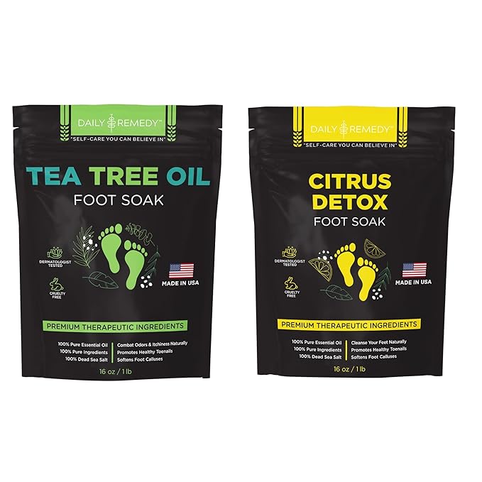 DAILY REMEDY Tea Tree Oil & Citrus Foot Soak Set, Pack of 2, for Foot Pain, Odor, Sore Feet, Athlete’s Foot, Soften Calluses - Natural Blend & Salts, Made In USA
