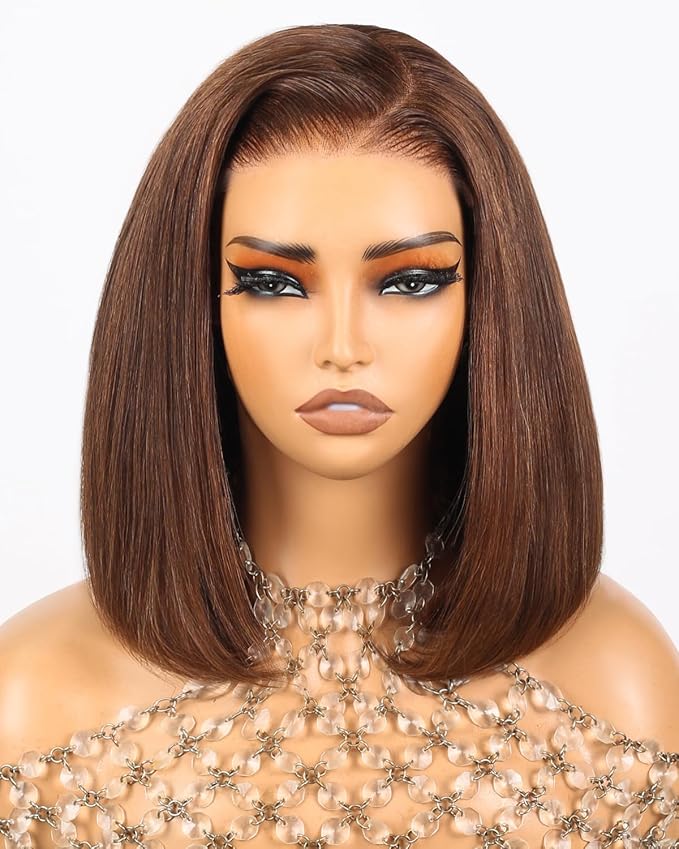 Arabella 5x6 4# Brown Bob Wig Human Hair 210% Density Wear and Go Glueless Wigs Human Hair Chocolate Brown Straight Bob Wig Lace Front Wigs Pre Cut Lace Pre Bleached Knots(12inch, 5x6 Glueless Bob)