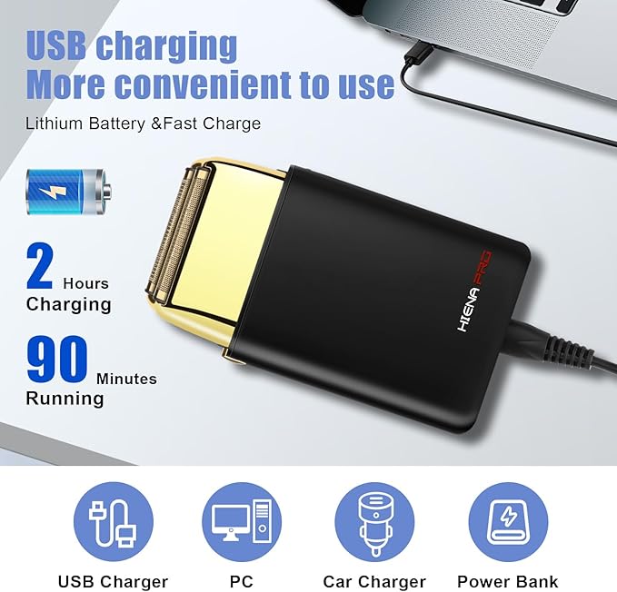 Foil Shaver for Men Barber, Double Electric Foil Trimmer, Professional Electric Razor, Close Shaver, Cordless Rechargeable with USB, Black Gold