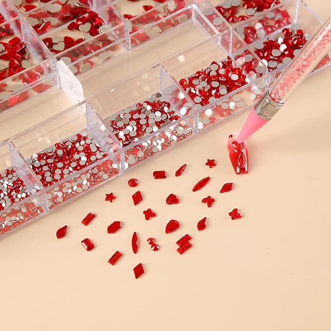 Red Nail Art Rhinestones 12 Kinds of 600 PCS + 6600 Pieces Flat Back Rhinestones Mixed Different Size Flat Back Rhinestones Crystals 3D Decoration Flat Back Stones Gemstone Set for Nail Art DIY