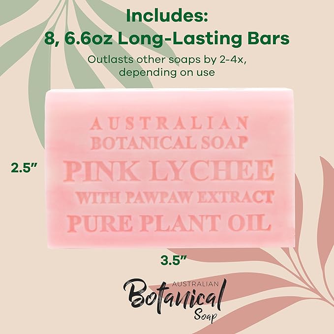 Australian Botanical Soap, 6.6 OZ, Pink Lychee and Pawpaw Extract, Triple Milled Bars made with a Natural Soap Base and Enriched with Organic Shea Butter, Pack of 8