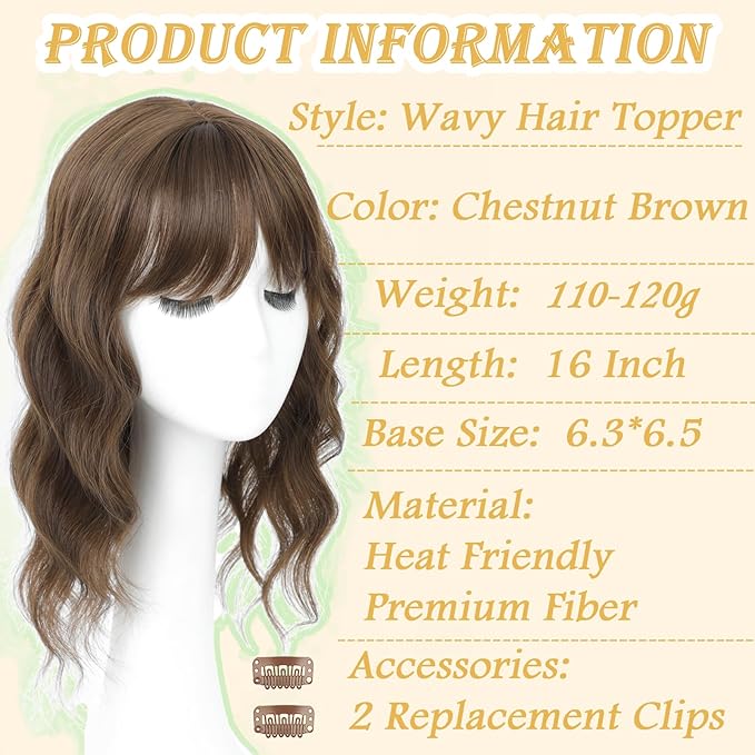 16 Inch Hair Toppers for Women with Thinning Hair, 360° 3D Realistic Toppers for Women Wispy Bangs Clip Synthetic Curly Wavy (8-10)
