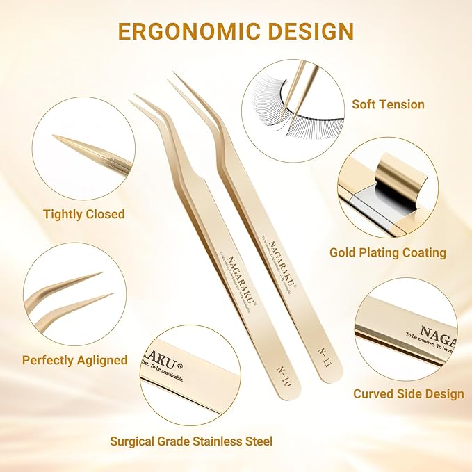NAGARAKU 1 Pair Eyelash Extension Tweezers Set, Gold Curved Volume Make Fans Isolation Lash Tweezers Precision Pinzas Light Weight Easy Fanning Stainless Steel Precision for Lashes (N-10 & N-11)