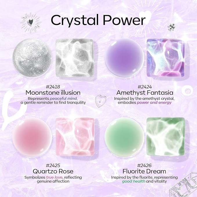 Modelones Spring Gel Nail Polish Kit with U V Light, Clear Cat Eye Jelly Pink Purple Green Manicure Set with Base Top Coat Lucky Gems Stickers 4 Colors Gel Mini Salon Nail Art Starter Gift for Women