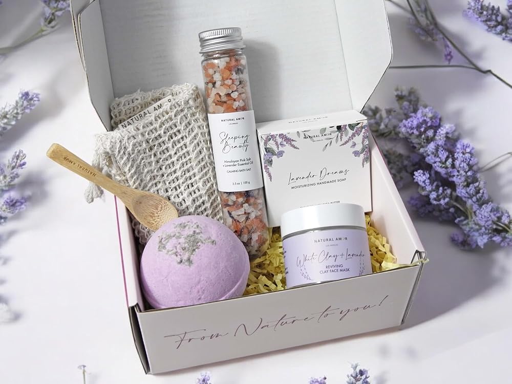 Natural Amor Lavender Spa Gifts for Women, 5pcs Handmade Spa Gift Box for Women, Birthday Gift for Women, Self Care Gift, Thank you Gift for Mother Day