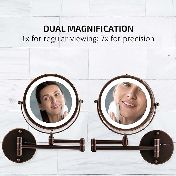 OVENTE 7" Lighted Wall Mount Makeup Mirror with 1X/7X Magnification, Cordless Double Sided Magnifying Round Vanity Mirror, 360° Swivel Design, Extendable and Folding Arm, Antique Bronze MFW70ABZ1X7X