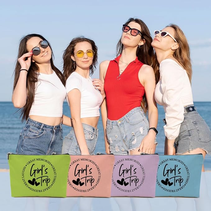 4Pcs Girls Trip Gifts Favors, 2025 Girls Weekend Gifts Makeup Bag, Bestie Gifts Weekend Bag Summer Vacation Cosmetic Bag, Friendship Gifts for Women Best Friend, Graduation Wedding Gifts Toiletry Bag