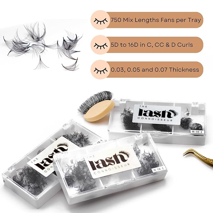 5D - D Curl 750 Fans Mixed Promade Fans Lash Extensions | TLC Lash Supplies 4D to 16D Premade Fans 7 mm to 16 mm Mixed Length Thin Base Premade Fans Eyelash Extensions (5D - D Curl, 7-8-9 mm)