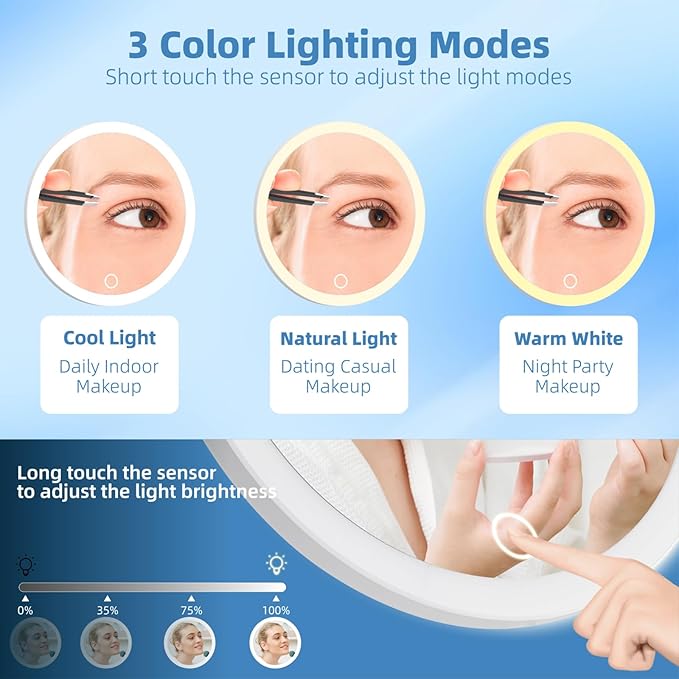 30x Lighted Magnifying Mirror with Suction Cups, Large 6'' Magnified Mirror with Light High Magnification Travel Makeup Mirror, Rechargeable Battery, 3 Colors Dimming Light, with Tweezers &Scissors